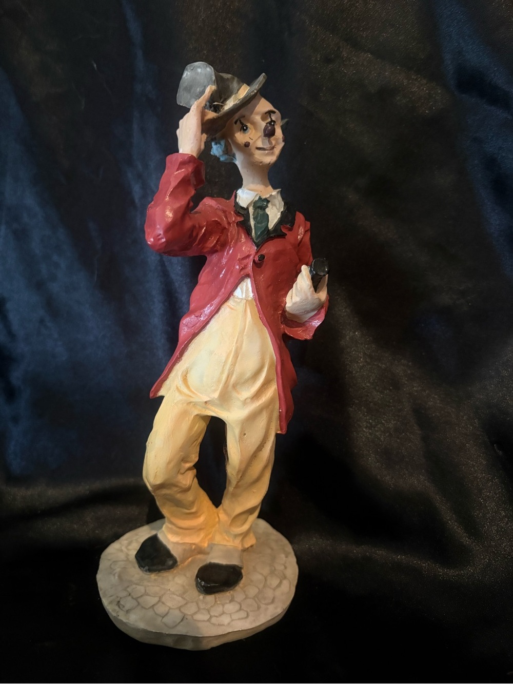 Vintage Style Clown Figurine 10" Resin Statue Red Jacket Hat Tipping Pose